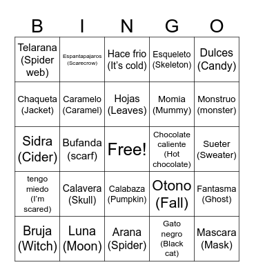 Spanish bingo Card