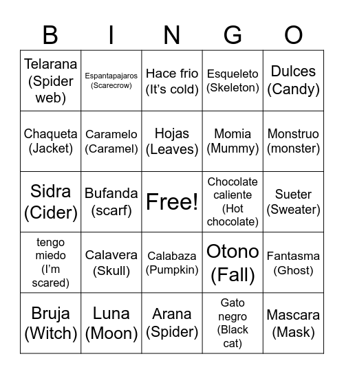 Spanish bingo Card