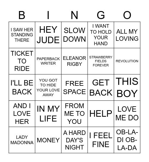 rock n roll bingo ALL BEATLES Bingo Card