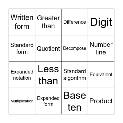 Math Vocabulary Bingo Card