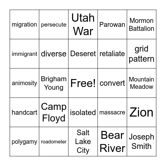 Unit 4: Pioneers and Conflicts Bingo Card