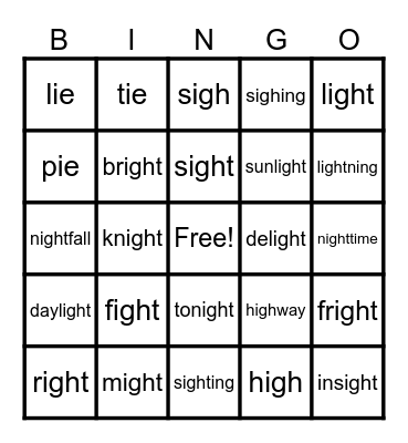 ie       igh Bingo Card