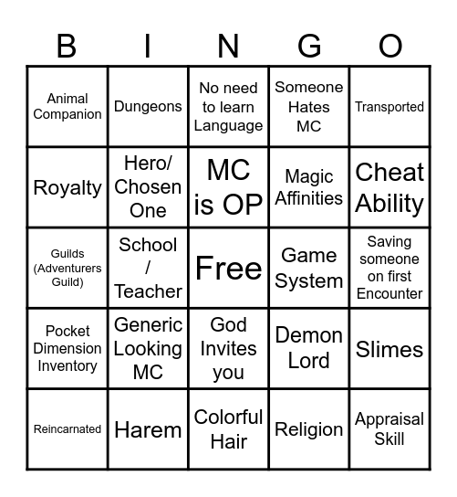 Isekai Bingo Card