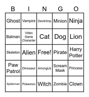 Costume Bingo Card