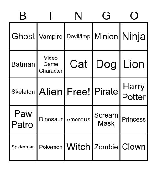 Costume Bingo Card