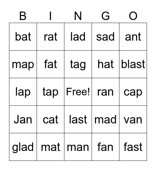 Short /a/ Words Bingo Card