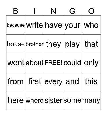 Sight Word Bingo Card