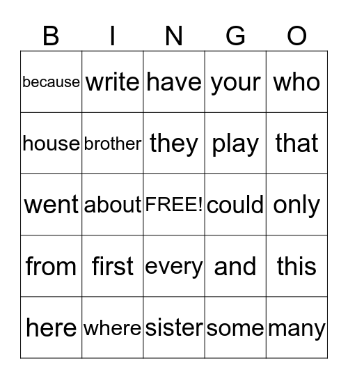 Sight Word Bingo Card