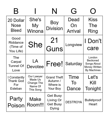 Emo Music Bingo #1 Bingo Card
