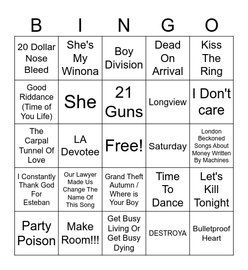 Emo Music Bingo #1 Bingo Card