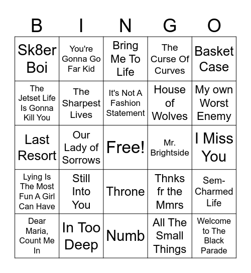 Emo Music Bingo #2 Bingo Card