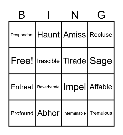 Vocabulary Lesson 4 Bingo Card