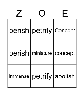 zoes bingo Card