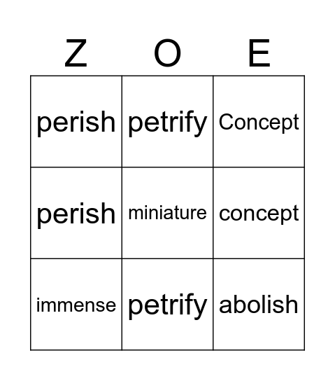 zoes bingo Card