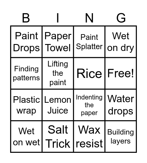 Watercolor Bingo Card