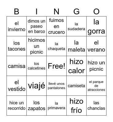 Repaso de las vacaciones y la ropa Bingo Card