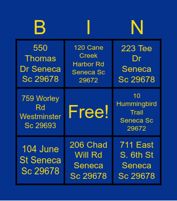 Address BINGO Card