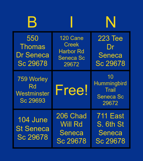 Address BINGO Card