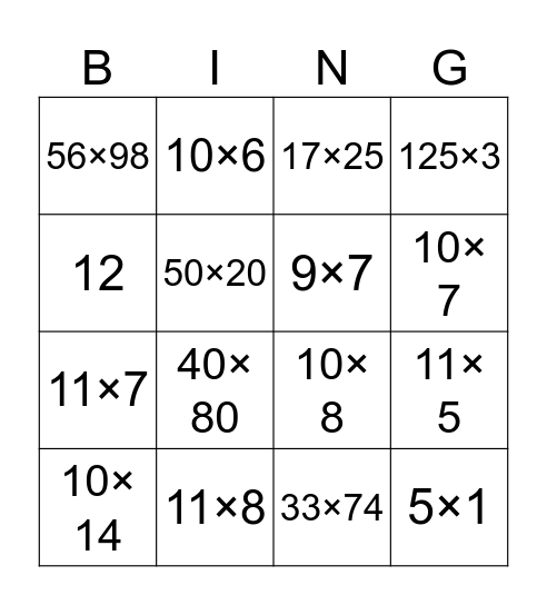 Multiplying Bingo Card