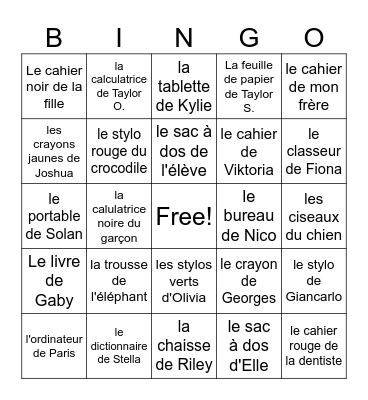 possession with "de" Bingo Card