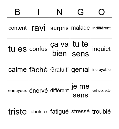 Les Sentiments Bingo Card