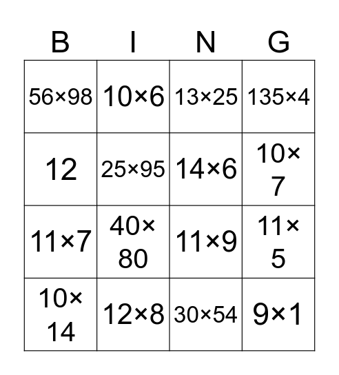 Multiplying Bingo Card