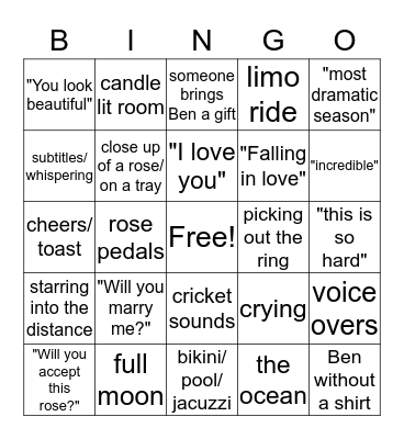 Bachelor Bingo Card
