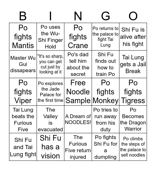 Kungfu Panda Bingo Card