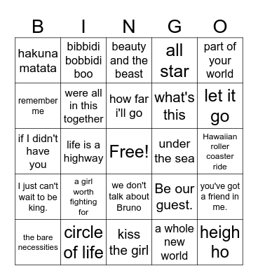 DISNEY BINGO Card