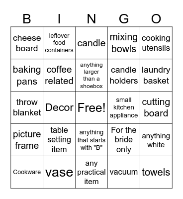 Bridal Shower Bingo Card