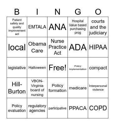 Health Policy Bingo Card