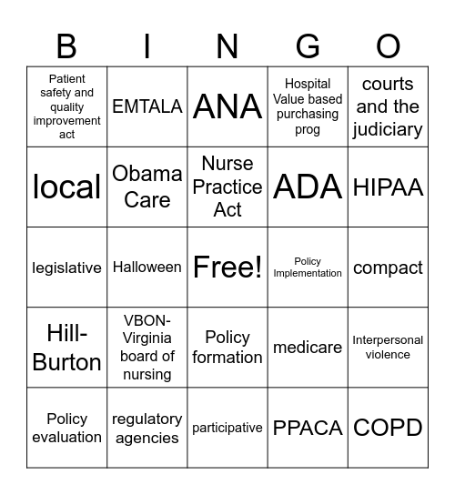 Health Policy Bingo Card