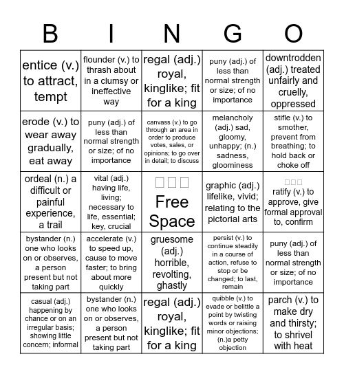 Bingo Unit 9  Bingo Card