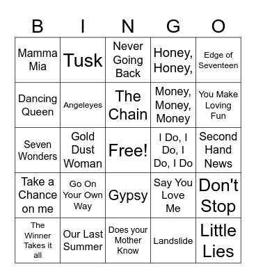 Fleetwood Mac and ABBA Bingo Card