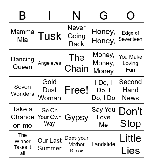 Fleetwood Mac and ABBA Bingo Card