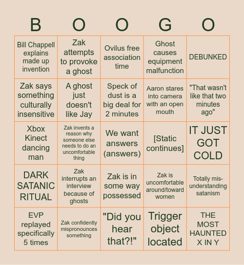 Ghost Adventures Boogo Bingo Card