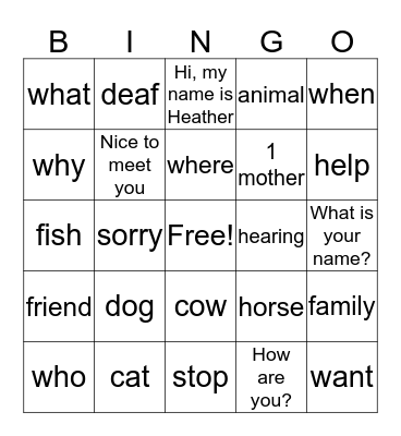 American Sign Language Bingo Card