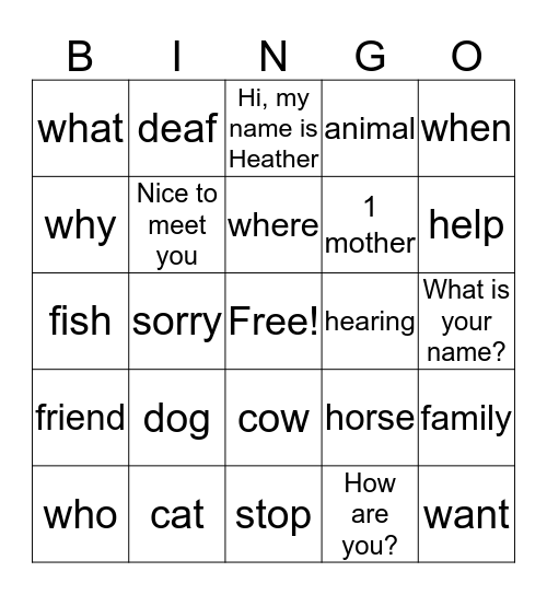 American Sign Language Bingo Card