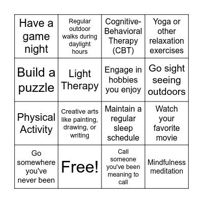 Seasonal Affective Disorder BINGO Card