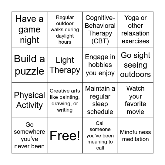 Seasonal Affective Disorder BINGO Card