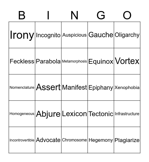 Vocabulary Bingo Card