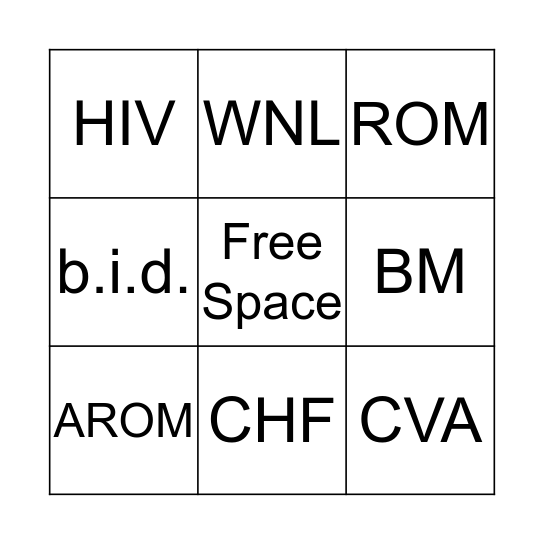 Medical Bingo Card