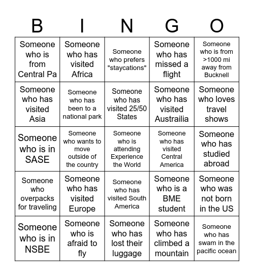 Experience the World! Person Bingo Card