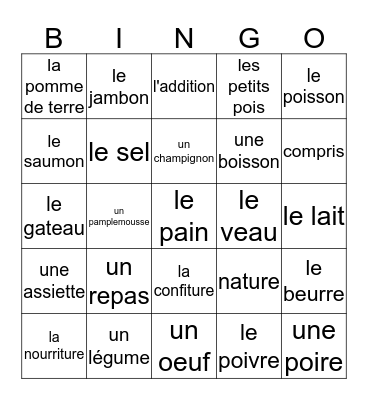 Un Repas Unité 3 Bingo Card