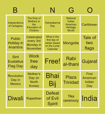 Worldwide Holidays in November Bingo Card