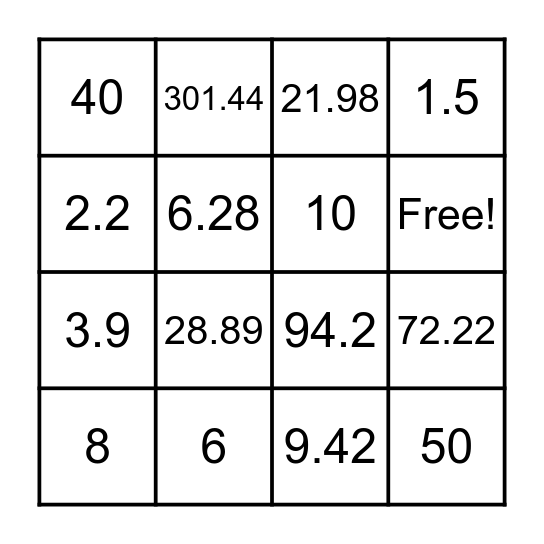 Circumference Bingo Card