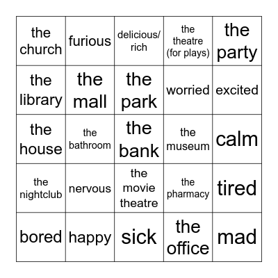 SP 9 Places & Feelings Bingo Card