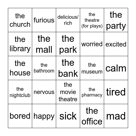 SP 9 Places & Feelings Bingo Card