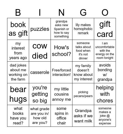 holiday Bingo Card