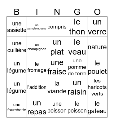 Un Repas Unité 3 Bingo Card